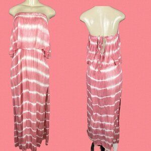 Boho Me S Pink-White Tie-Dye Front Popover Bandeau Bodice Strapless Maxi Dress